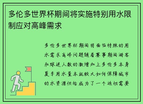 多伦多世界杯期间将实施特别用水限制应对高峰需求