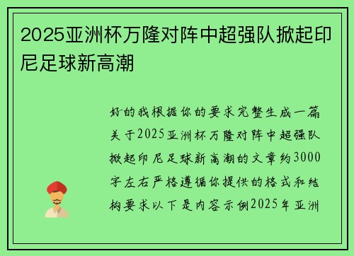 2025亚洲杯万隆对阵中超强队掀起印尼足球新高潮